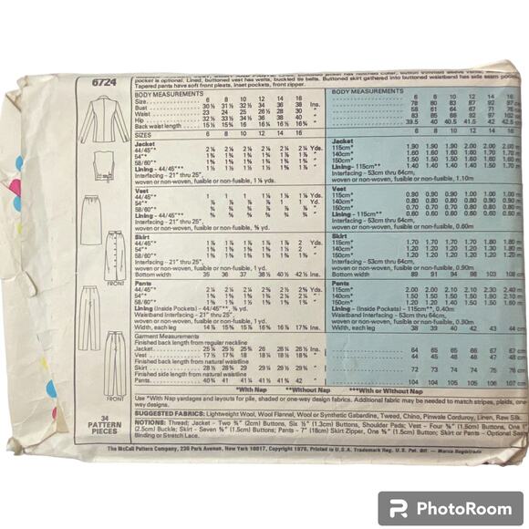 McCalls 6724 Jacket Vest Skirt Pant Pattern Miss 8 Pockets Tapered Suit Lined - Picture 4 of 5